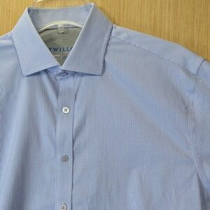 Twillory Performance Dress Shirt Blue Gingham Tailored Fit 17 34/35 Coolmax Mens